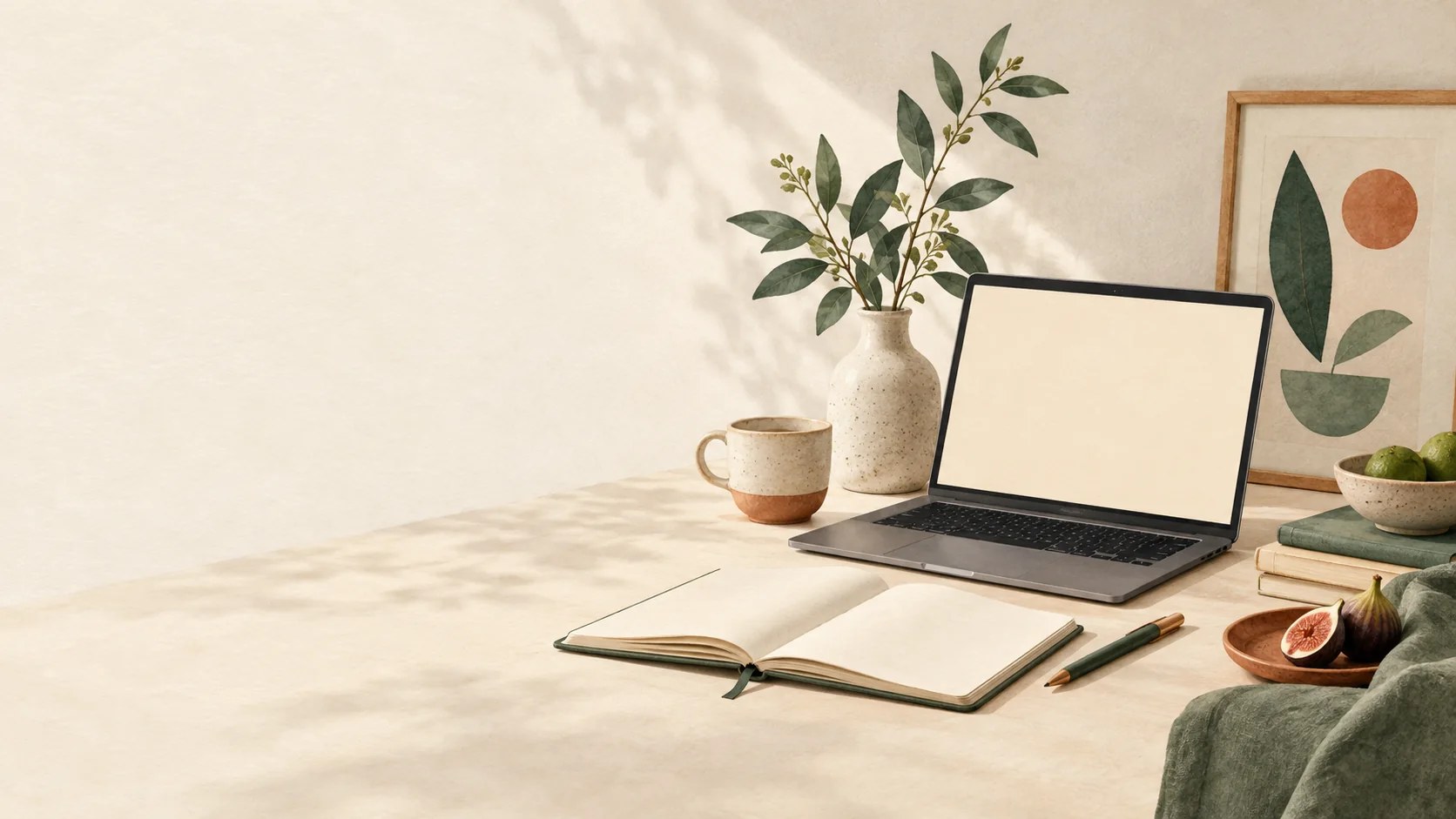 Ilustração editorial de uma consulta nutricional online, com notebook, caderno e elementos naturais
