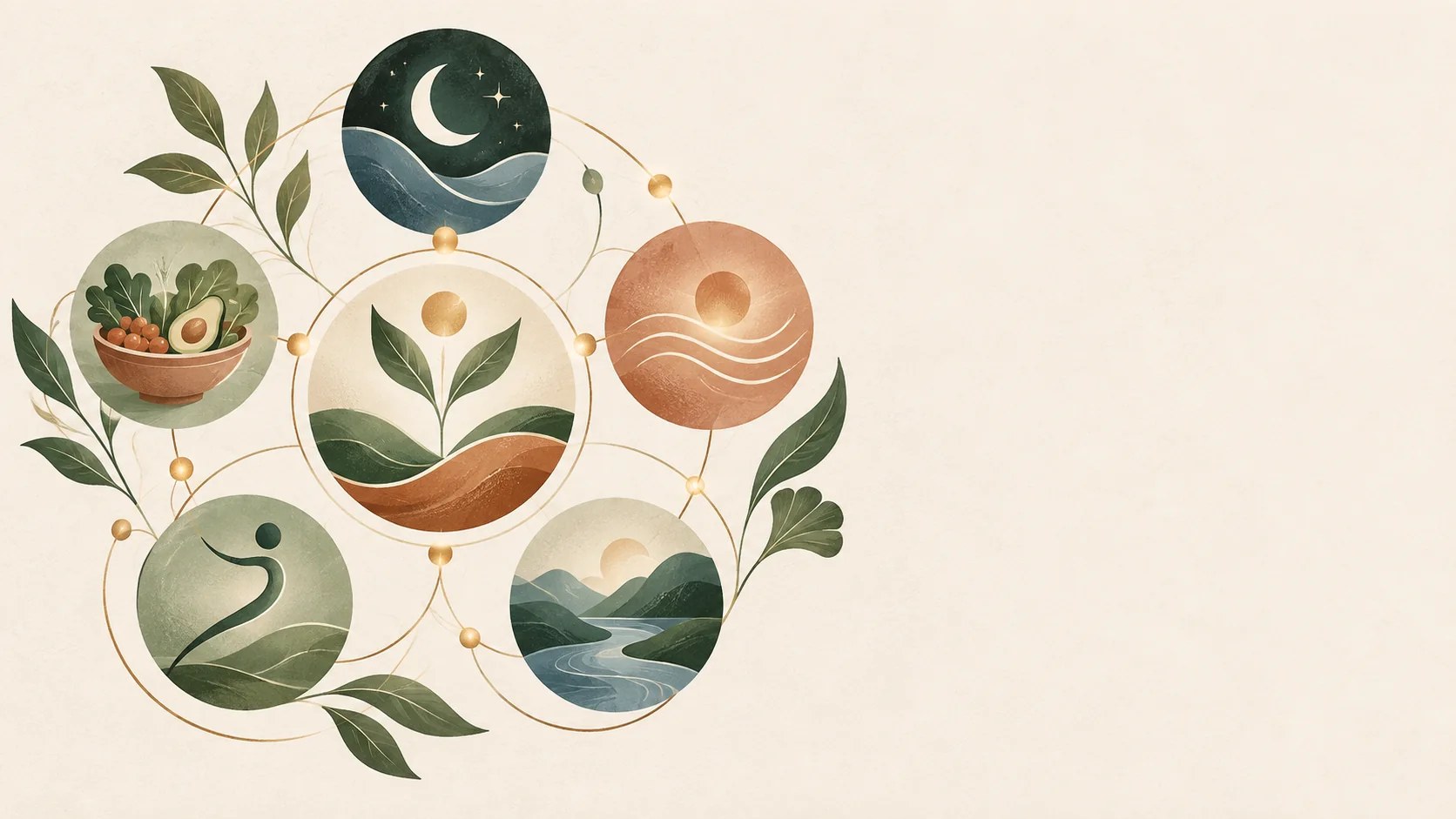 Ilustração editorial de fatores conectados do metabolismo: sono, alimentação, movimento, rotina e bem-estar