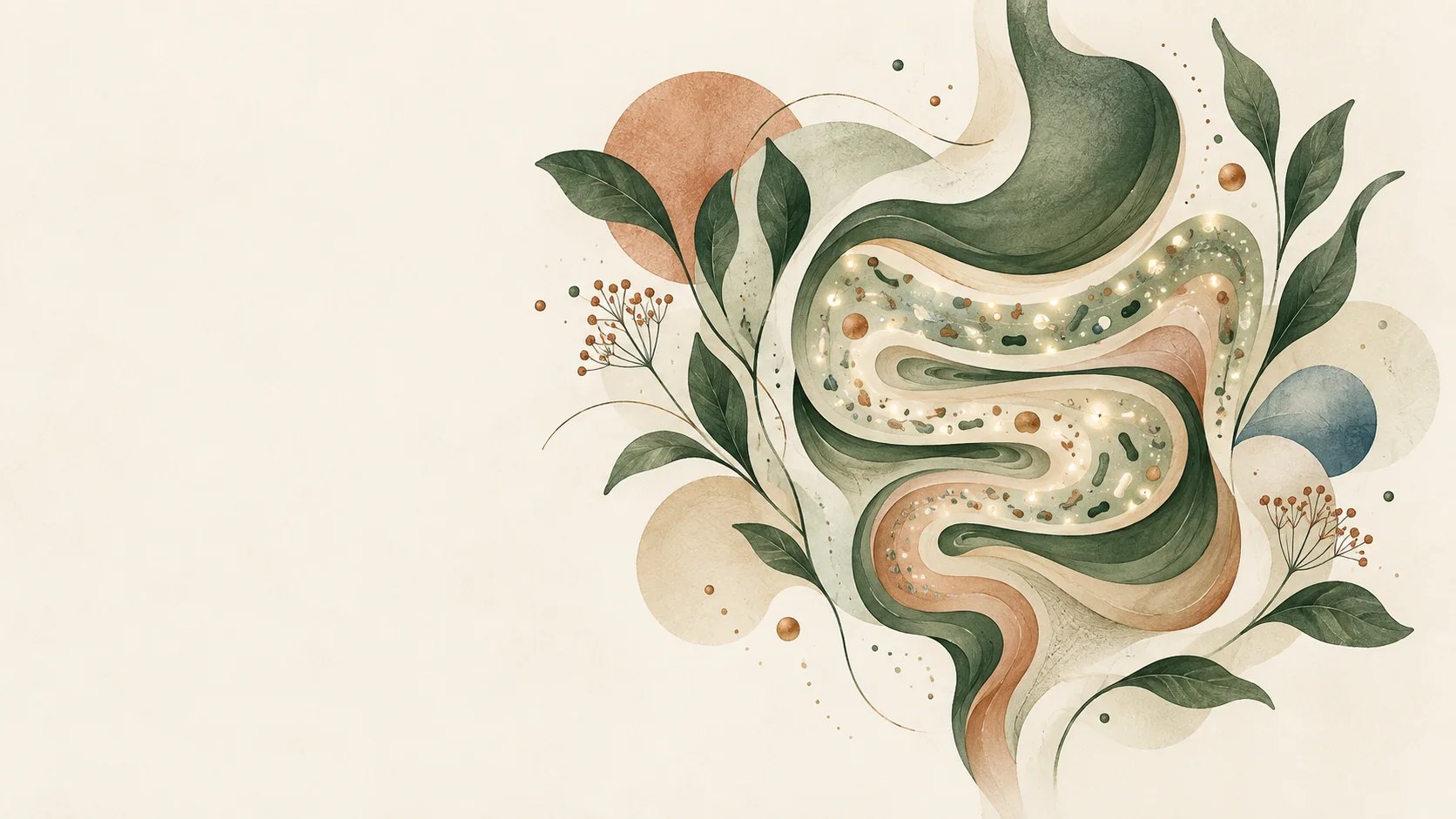 Ilustração editorial do intestino e da microbiota, com formas orgânicas e elementos botânicos