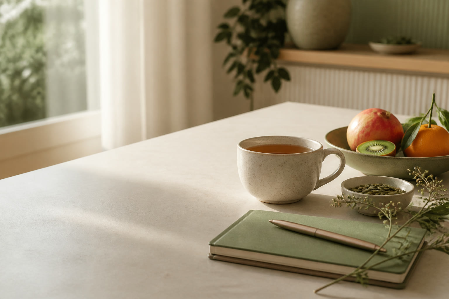 Mesa com chá, frutas, sementes e caderno em um ambiente acolhedor